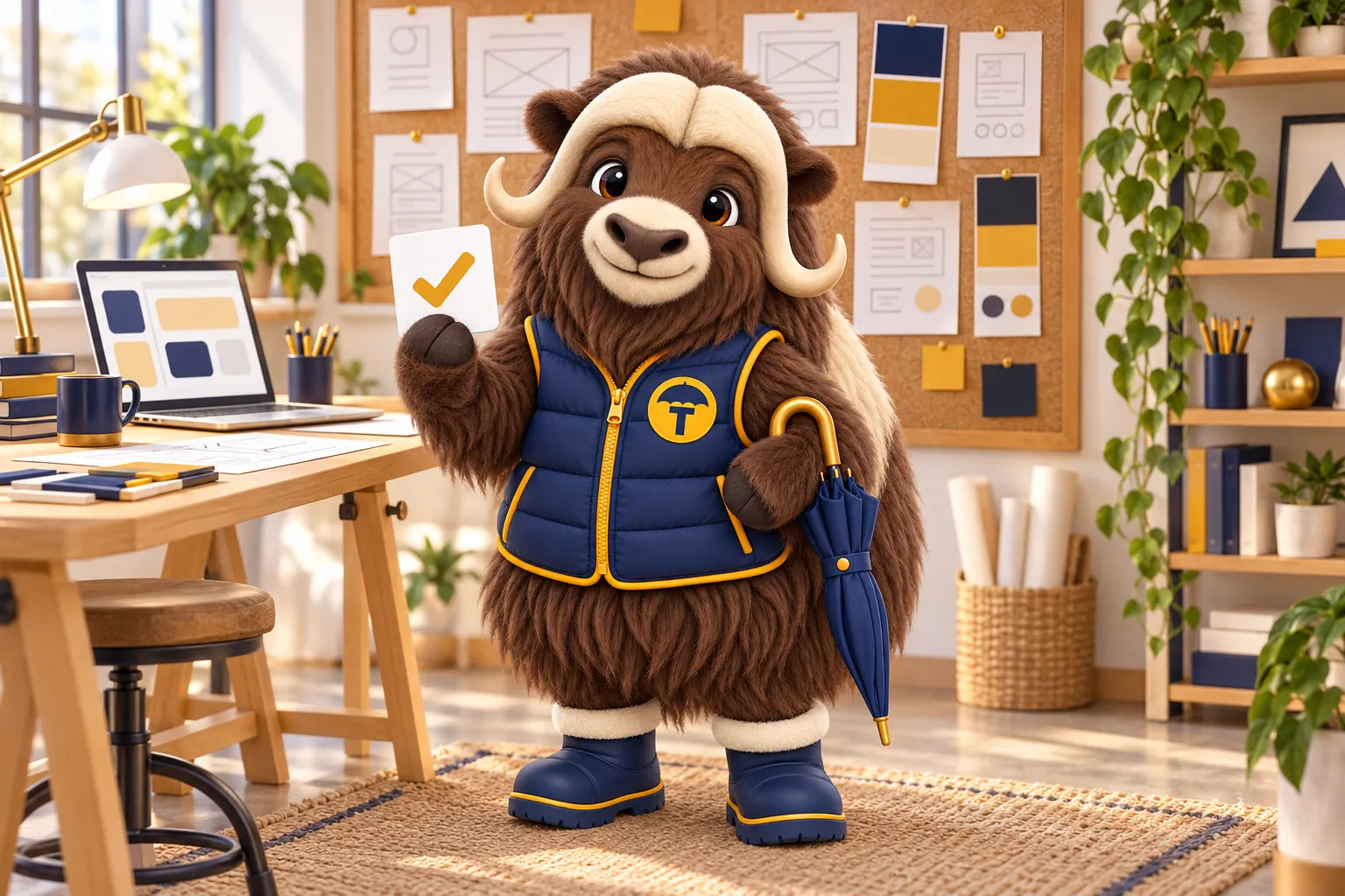 Torvi, the musk ox mascot, in a small web design studio in front of a board of page sketches and colour swatches