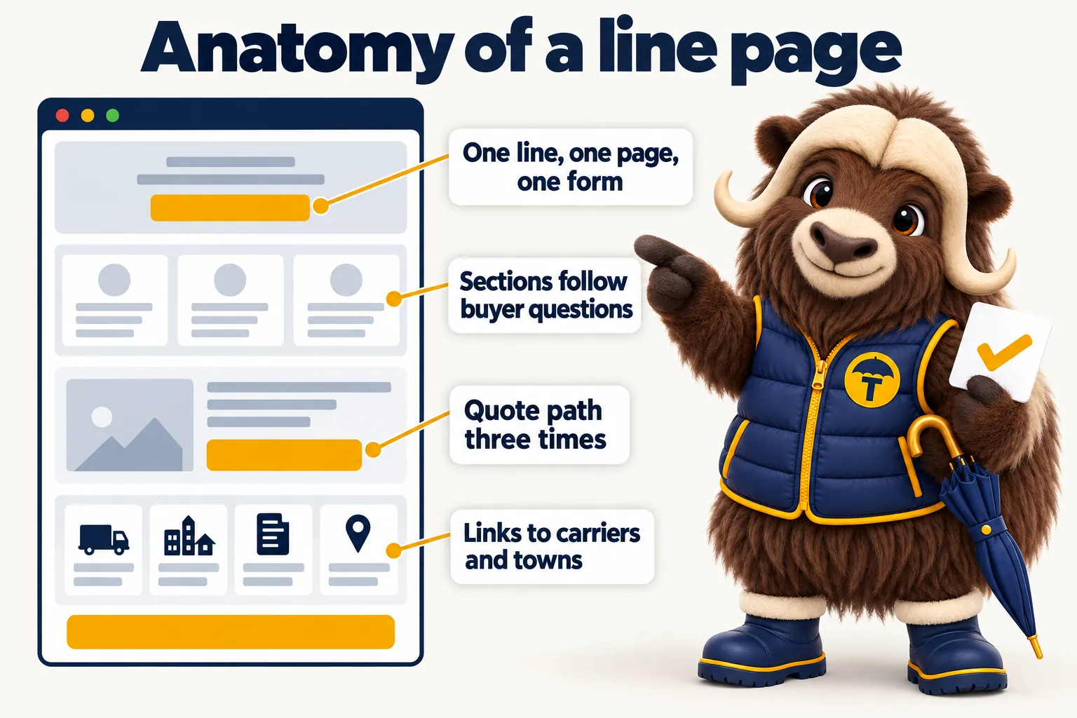Anatomy of a line page: one line, one page, one form; sections follow buyer questions; the quote path appears three times; links to carriers and towns. Torvi points at the page.