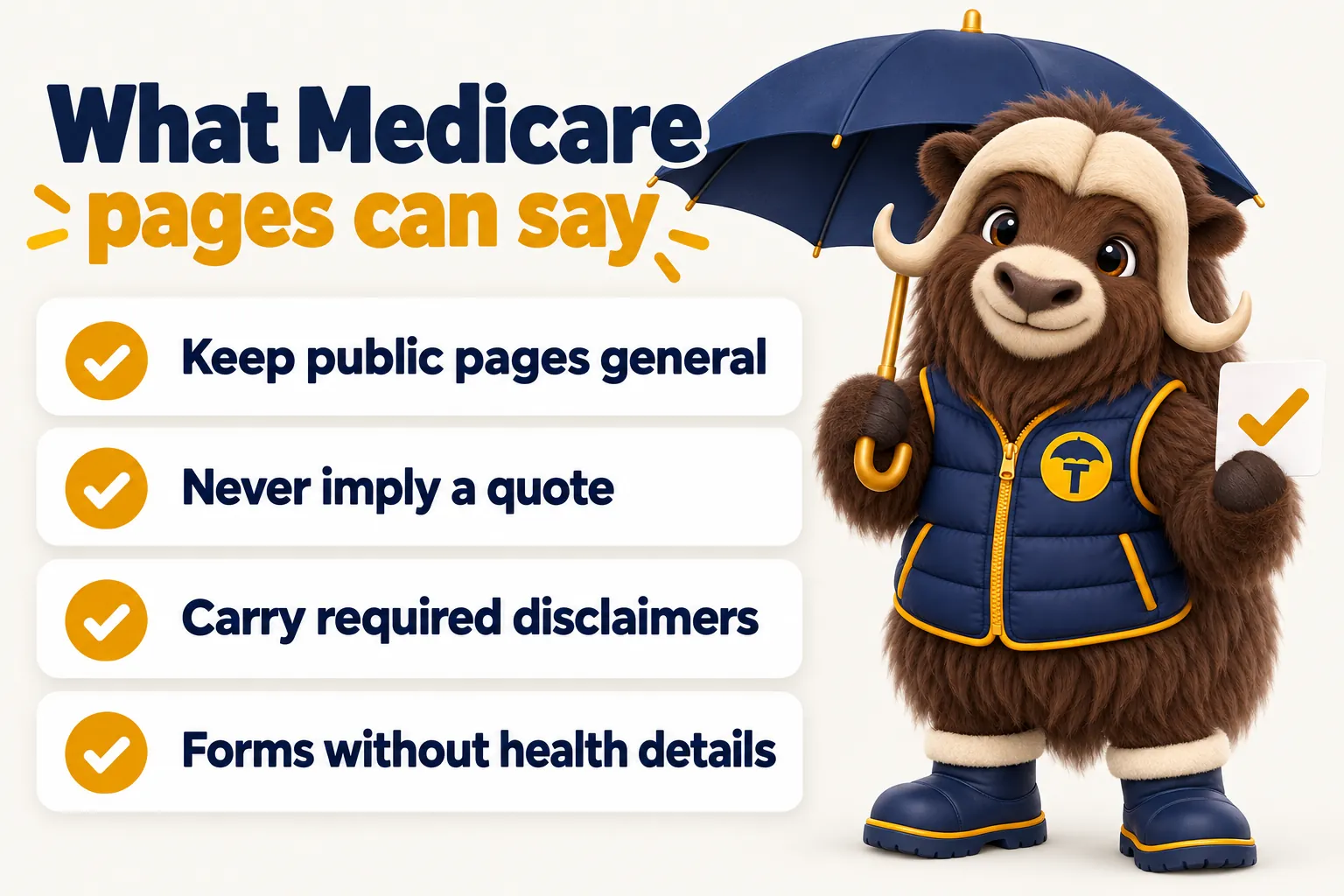 What Medicare pages can say: keep public pages general, never imply a quote, carry required disclaimers, and forms without health details. Torvi holds his umbrella over the checklist.