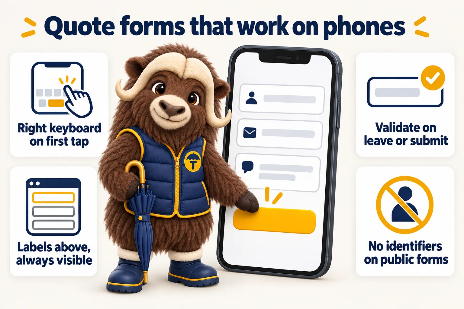 Quote forms that work on phones: the right keyboard on first tap, validate on leave or submit, labels above and always visible, no identifiers on public forms. Torvi taps the phone.