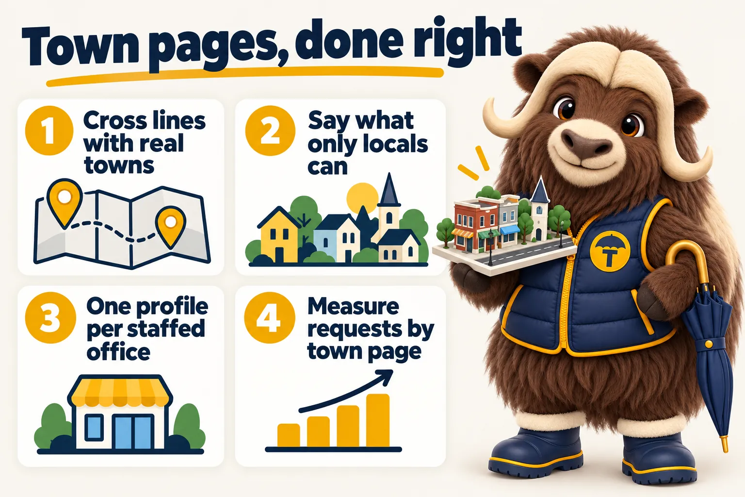 Town pages, done right: cross lines with real towns, say what only locals can, one profile per staffed office, and measure requests by town page. Torvi holds a model town street.