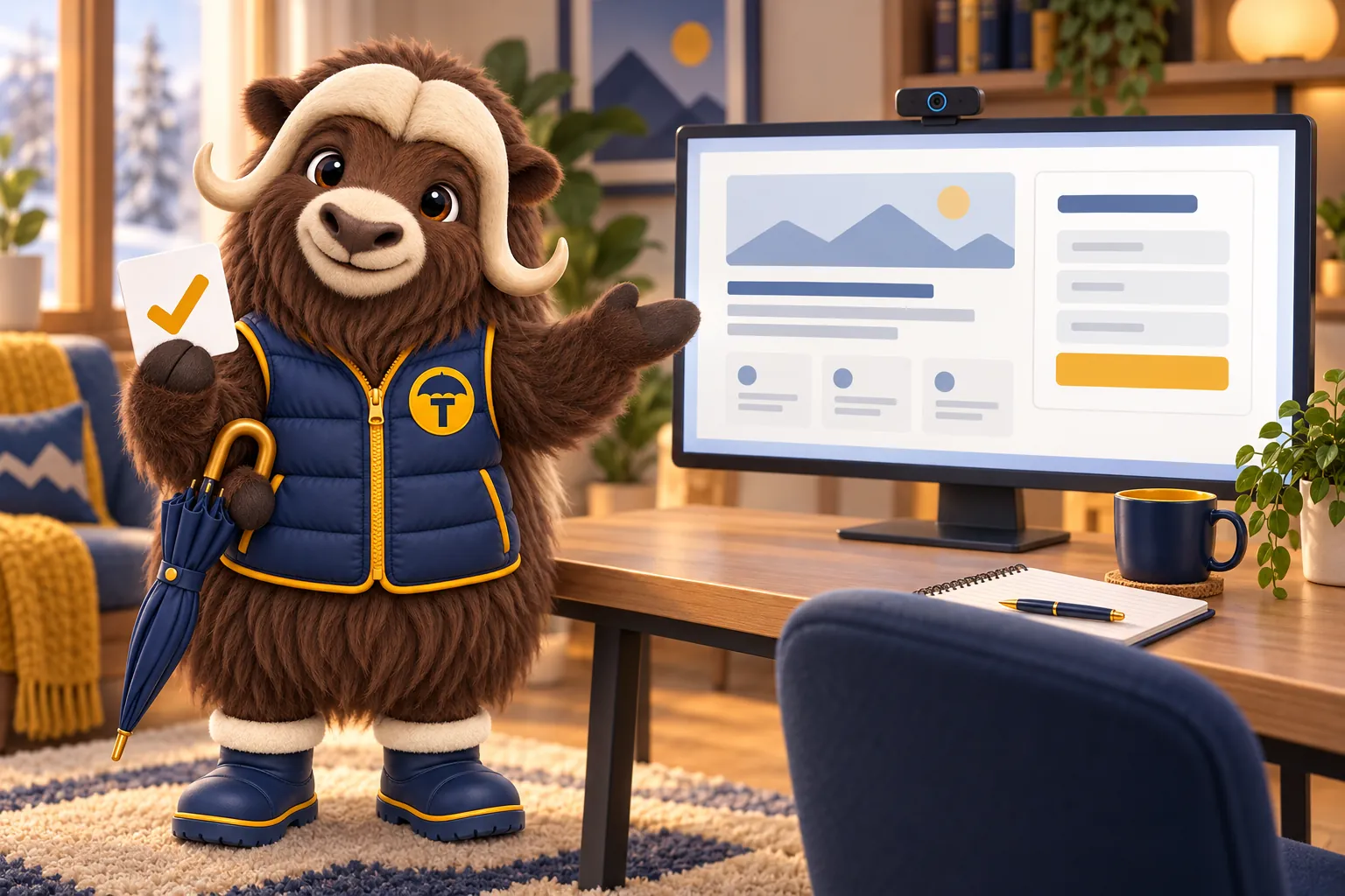 Torvi, the musk ox mascot, presenting a website layout on a desk monitor set up for a video call