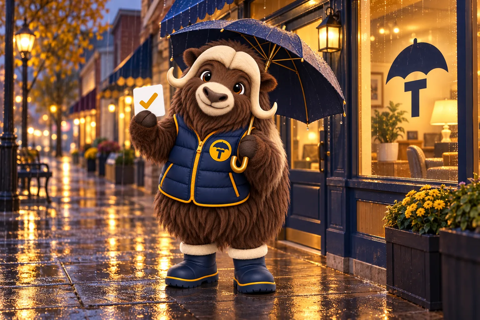 Torvi, the musk ox mascot, holding up a checked quote card under his open umbrella in evening rain outside a small-town insurance agency storefront