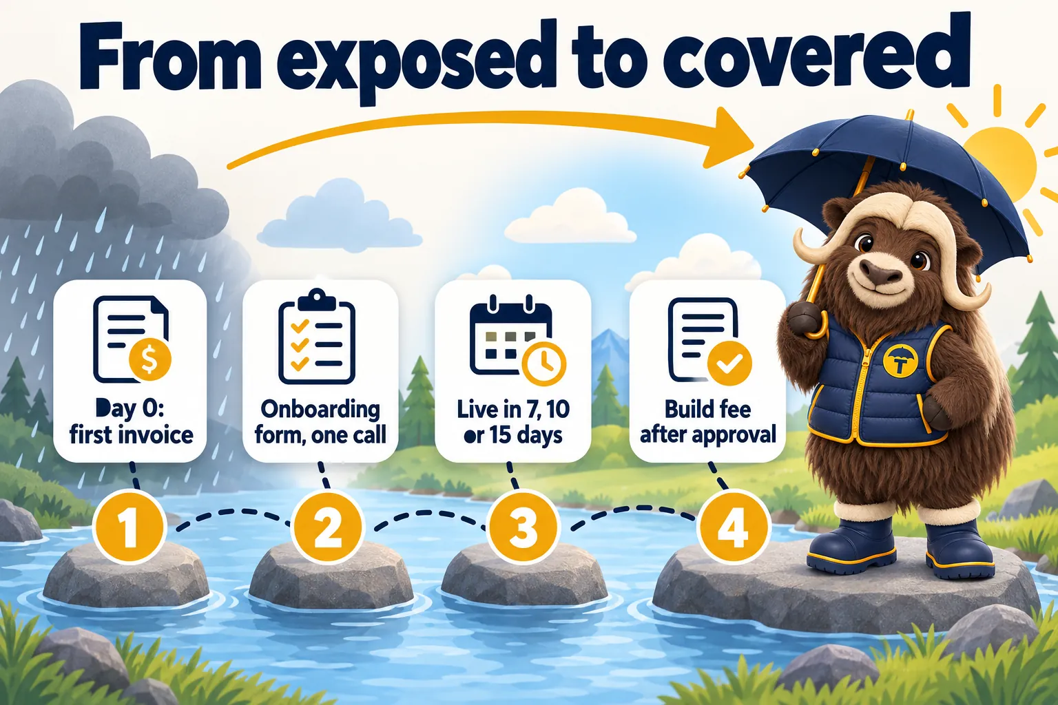 From exposed to covered: 1, Day 0: first invoice. 2, onboarding form, one call. 3, live in 7, 10 or 15 days. 4, build fee after approval. Torvi opens his umbrella on the last step.