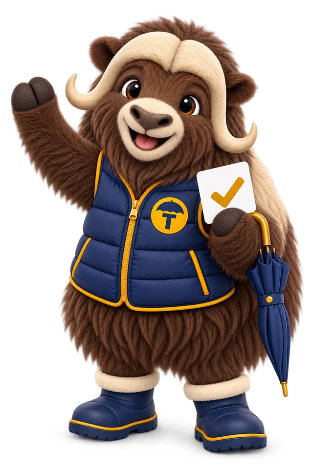 Torvi, the GetInsuranceWebsite musk ox mascot, waving hello and holding up a quote card with a gold check