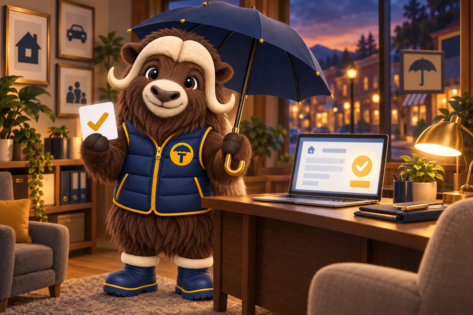 Torvi, the GetInsuranceWebsite musk ox mascot, holding an open umbrella over an agency desk where a laptop shows a quote form