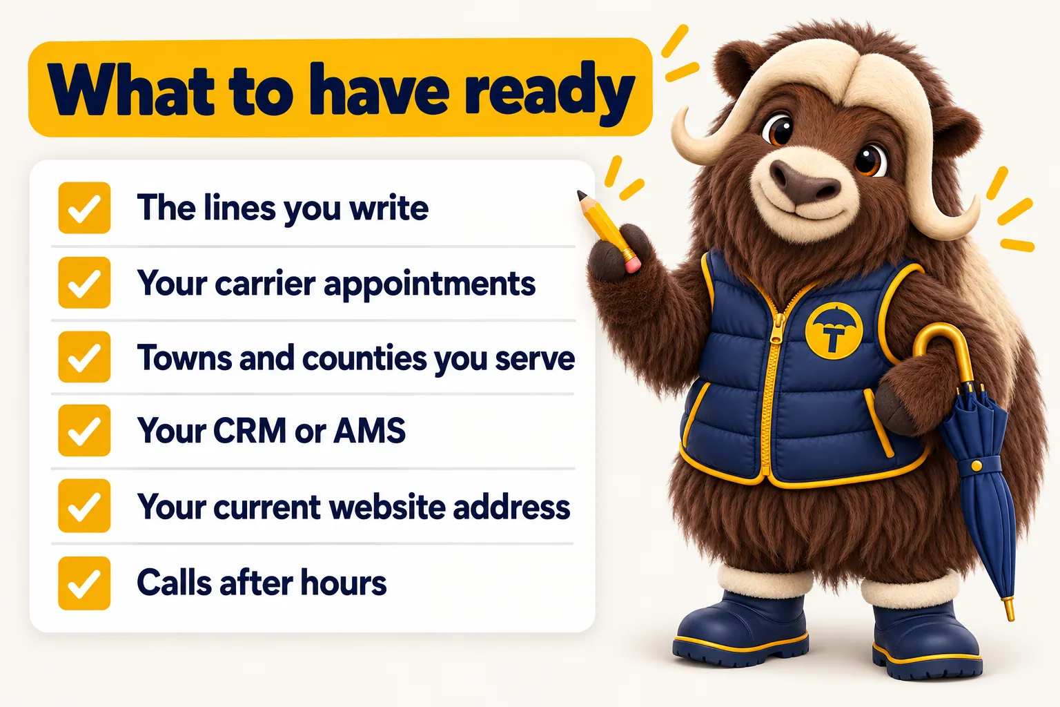 What to have ready: the lines you write, your carrier appointments, the towns and counties you serve, your CRM or AMS, your current website address, and what happens to calls after hours.