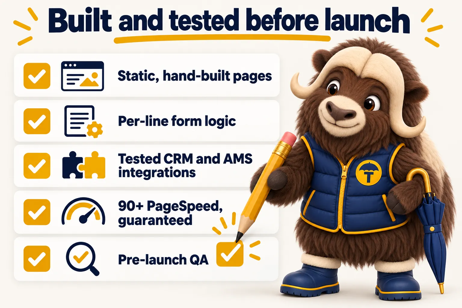 Built and tested before launch: static, hand-built pages; per-line form logic; tested CRM and AMS integrations; 90+ PageSpeed, guaranteed; pre-launch QA.