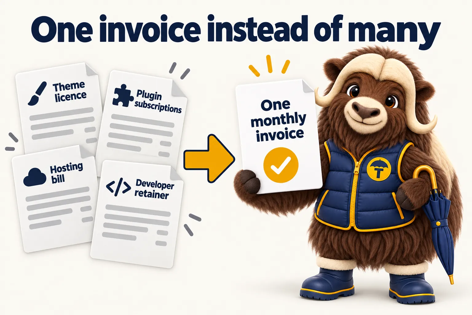 One invoice instead of many: a theme licence, plugin subscriptions, a hosting bill and a developer retainer replaced by one monthly invoice.